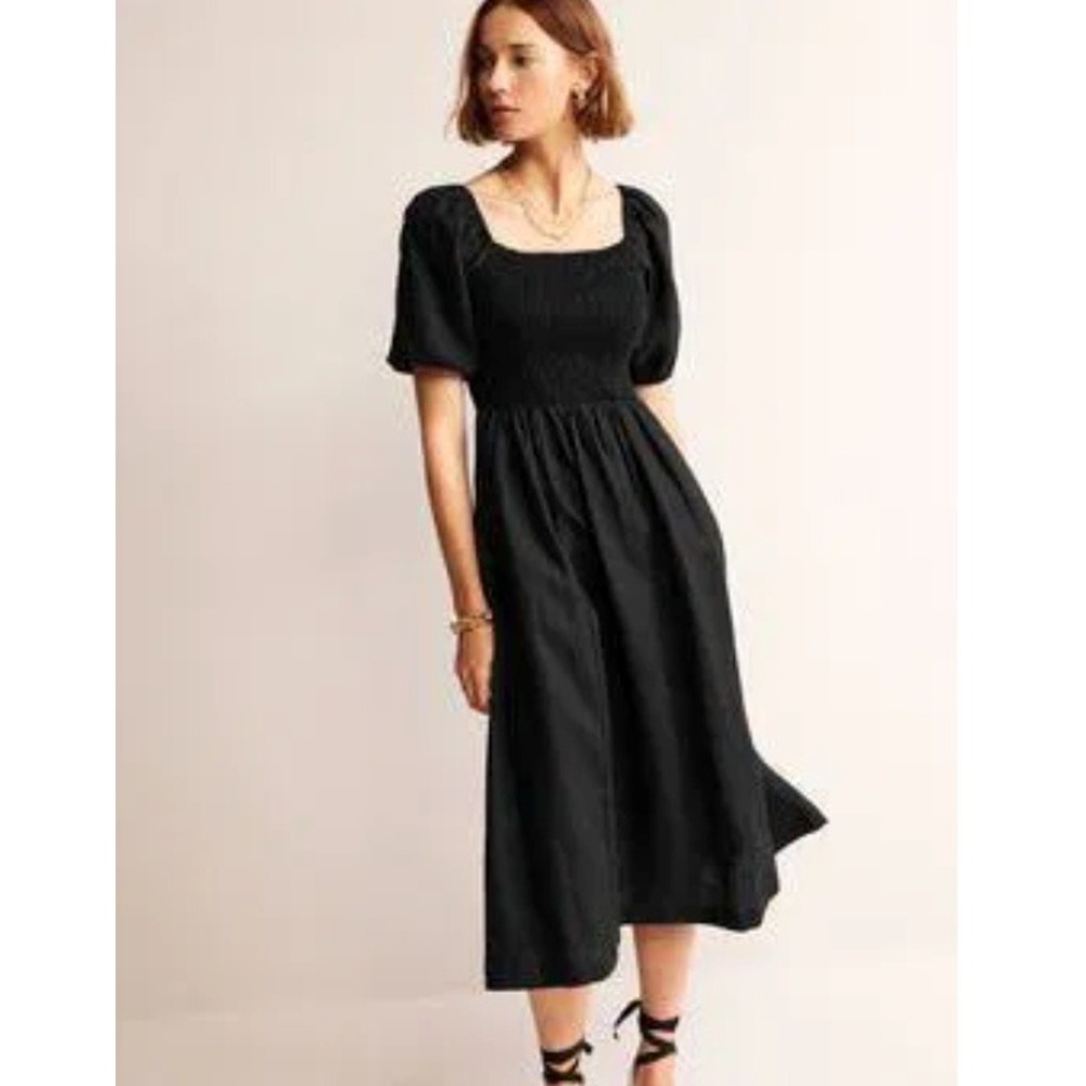 Boden Sky Smocked Linen Midi Dress D0890 Petite 6P Black Puff Sleeve NWT
